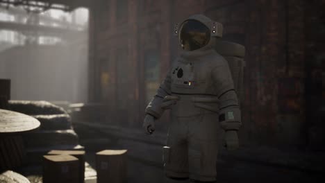 Lost-Astronaut-near-Abandoned-Industrial-Buildings-of-Old-Factory